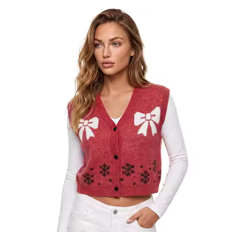 Women's Knit Vest Christmas Print Button Down Sleeveless Cardigan Sweater Vest