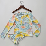 [ Girls ] 2-piece swimsuit with long sleeves, yellow and green, leaf pattern, beautiful soft materia