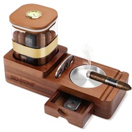 Cigar Humidor and Cigar Ashtray Set, Wooden Ashtray with Cigar Jar Tray,Cigar Cutter Holder,Drawer,C