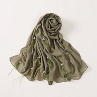 Fashion New Style Pearl Chiffon Headscarf Beaded Ostrich Wool Scarf hijab Shawl Sulam Chiffon