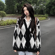 ถักผู้หญิง เสื้อกันหนาว เสื้อแขนยาว หลวม สูงสุด ลายสก๊อต ลาย เสื้อคาร์ดิแกน