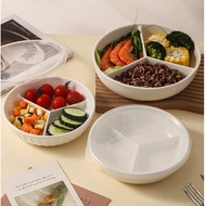 Ceramic Divided Plate Sealed Fresh-Keeping Box Pure White Three-Compartment Plate Divided Fruit Plat