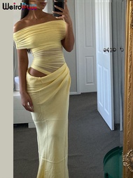 Weird Puss Ruched Irregular Dress Women Mesh Patchwork Slash Neck Short Sleeve Skinny Stretch Trend