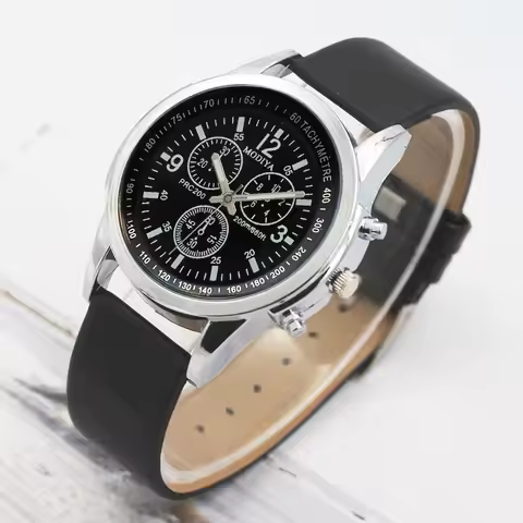 MODIYA Men's Three-Eye Quartz Watch Blue Light Glass Leather Strap Watch Fashion Daily Wear Stylish 