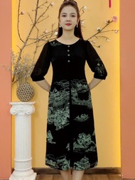 Đầm suông - Cổ tròn kết nút tay lỡ - AH - Đen họa tiết - TTV1916