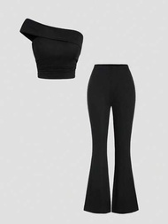 SHEIN MOD Traje De Un Solo Hombro Y Pantalones Acampanados De Uso Diario De Color Sólido Para Mujeres