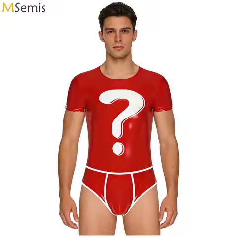 Mens Glossy PU Bodysuit Swimsuit One Piece Question Mark Graphic Bulge Pouch Bodycon Leotard Jumpsui