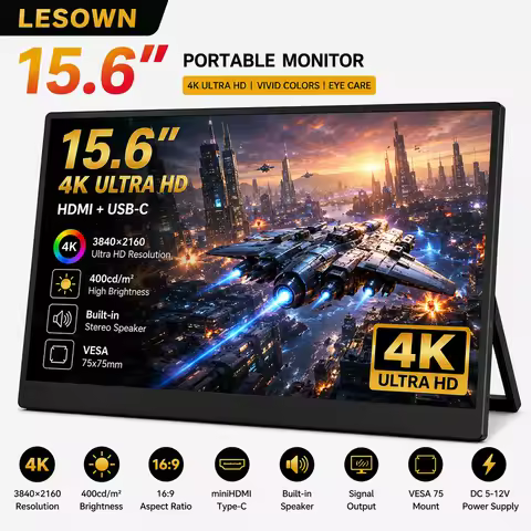 LESOWN 15.6" External Monitor 4K UHD Resolution Plug and Play Slim Travel Display with VESA for Offi