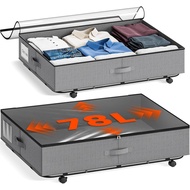 XXXL 78L Under Bed Storage with Wheels, Rolling Storage Containers with Support & Clear Lid, Heavy-D