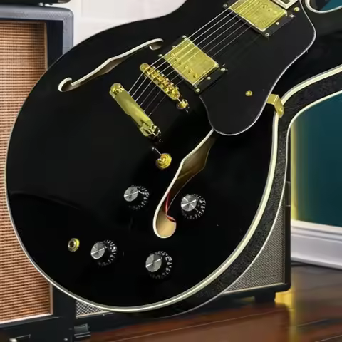 Semi-Hollow Body ES 335 Jazz Electric Guitar, Gloss Black Finish White Binding Gold Hardware F Hole 