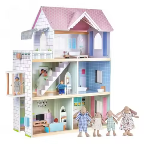 4 PCS Hand Made Rabbit Family Dolls Pink Wooden Dollhouse with Furniture Set for Girls 2.6 Feet High