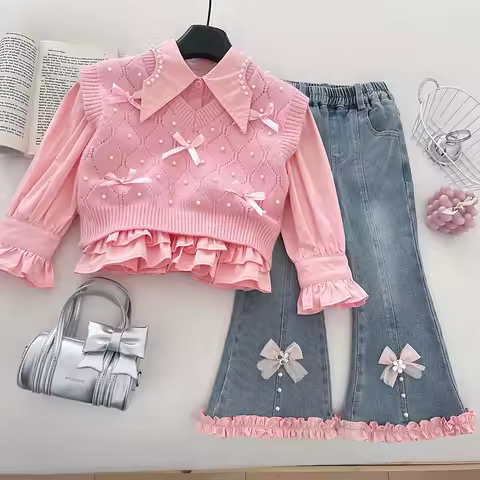 Girls' Set Autumn 2025 New Style Three piece Set with Western Style Three dimensional Bow Knitted Ve