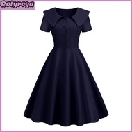 Retro Women Dress Turn-down Collar Shortn Sleeves A-line Big Swing Buttons Slim Fit Solid Color 50s