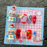 Labubu Cute Cartoon Hand Painted Handmade Press On Nails 3D Cookie Bow Star Love Nail Art Blue Red S