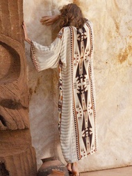 2025 New Bikini Cover Up Vintage Geometric Printed Beach Kimono Dresses Self Belted Loose Swimwear B