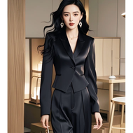 Phụ nữ bộ đồ màu đen OL Áo Blazer mỏng quần ống rộng com-lê chuyên nghiệp