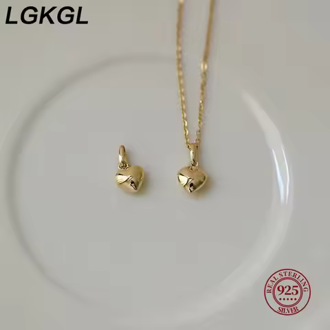 LGKGL S925 Sterling Silver 14K Gold Plated Heart Necklace Smooth Surface 3D Heart Pendant Lockbone C