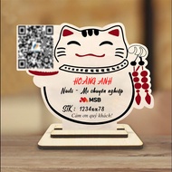 QR code God of Wealth Cat Wooden Material printed with Shop Name Information Bank Account Number, De