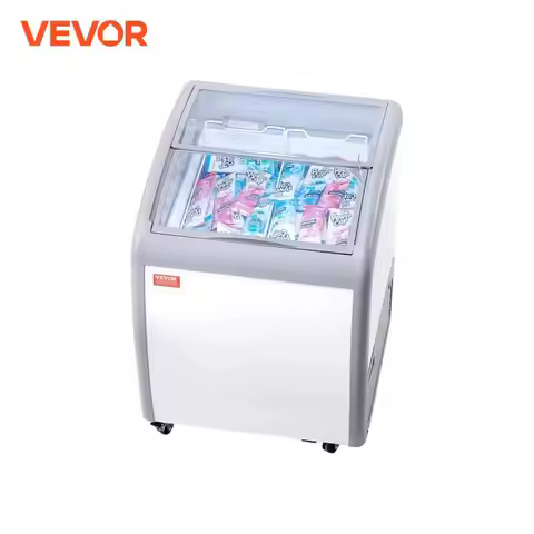 VEVOR Commercial Ice Cream Display Case Chest Freezer Mobile Glass Top Deep Freezer Restaurant Gelat