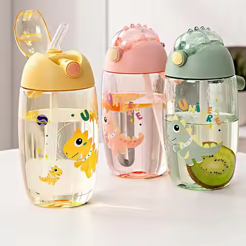 500ml Children's Dinosaur Water Bottle With Silicone Straw Leak Proof Plastic Water Bottle Summer Ch