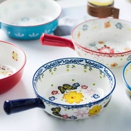 ELtamart Ceramic Bowl with Handle Bohemian Style Baking Bowl Soup Salad Fruit Bowl