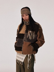 日系復古 / 拼接條紋立領保暖外套 / 羊羔毛