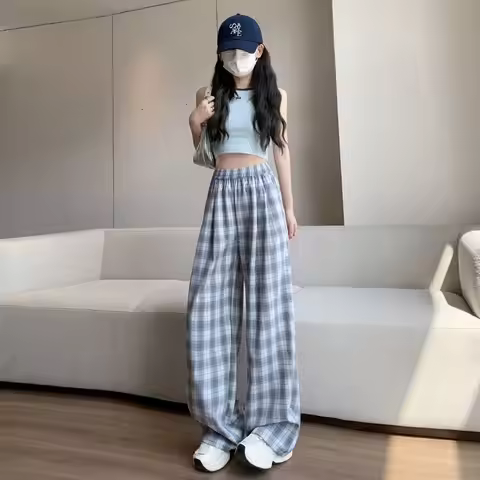 Ice Silk Woman Trousers Elastic Waist Casual Slacks 90s Clothing Korean Fashion Xxl One Size High Qu