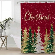 Red Christmas Tree Shower Curtain Set - Long 72" x 84" Washable Bathtub Curtain with 12 Hooks, Green
