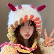 Funny Little Monster Cute Knitting Hat Warm Plush Bonnet Earflaps Slipover Hat Face Smaller Ushanka 
