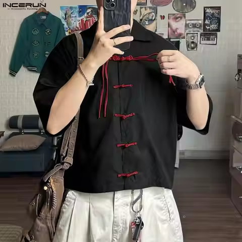 INCERUN Men Shirt Patchwork Vintage Lapel Half Sleeve Casual Men Clothing Streetwear Loose Retro Lei