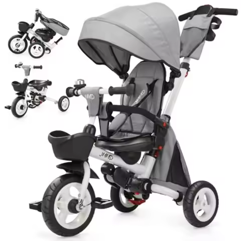 8 in 1 Foldable Tricycle Stroller with Push Handle for 18 Months to 5 Years Gray 360 Swivel Seat Rec