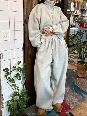 Korean Sle Women's Plu Thiened Loose Sweatpants Set ort Zipper Jaet Two-Piece Set Faionable Early Wi
