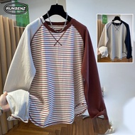 M-4XL Fat Women Striped Patchwork Top Loose Plus Size Long Sleeve Tshirt