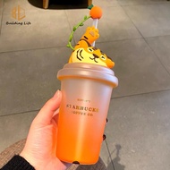 Starbucks Cup with Straw Cap Starbucks Tumbler Cute Tiger Ins Starbuck Cup Glass Straw Cup Cartoon Drinking Cup 520ml