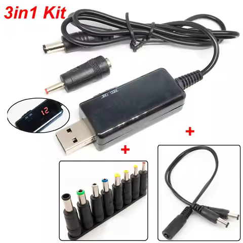 3in1 kit USB Boost DC 5V to 9V 12V USB Step-up Converter Cable +8 PCS 55*21MM Plug+1 TO 2 For Power