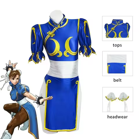 Women's Street Fighter Chun Li Cosplay Costume Game Fighter Chunli Blue Cheongsam with Halloween Par