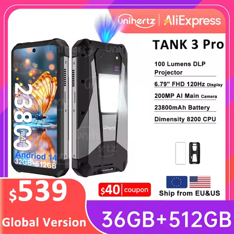 Unihertz 8849 Tank 3 Pro 5G Projector Phone 32GB 36GB RAM 512GB ROM Cell Phone 23800mAh 120W Fast Ch
