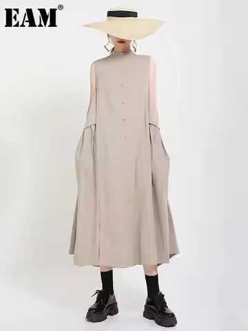 [EAM] Women Khaki Split Pleated Long Dress New Stand Collar Sleeveless Loose Fit Fashion Tide Spring