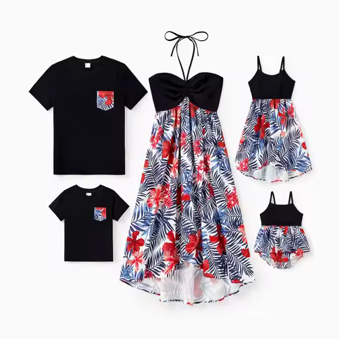 PatPat Family Matching Black Cotton Tee Beach Short-sleeve Shirt and Flora Print Splicing Halter Str
