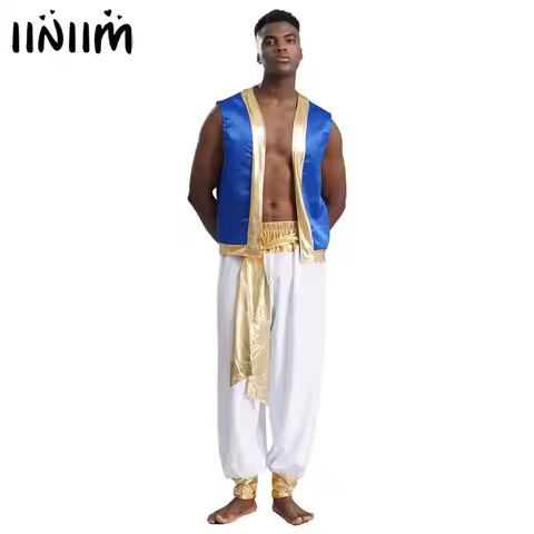 Mens Adult Arabian Prince Costume Aladin Captain Cosplay Outfits Man Shiny Trim Open Front Glitter V