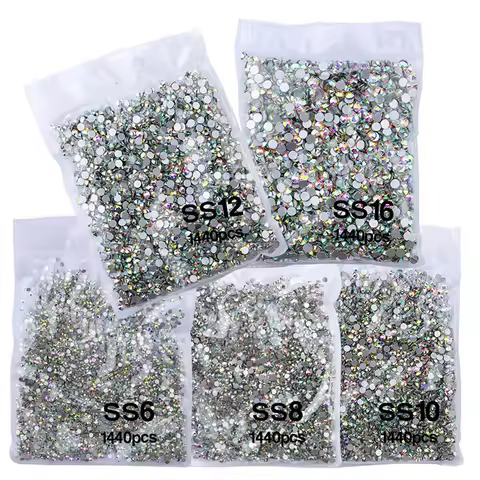 1440Pcs/bag AB/Clear Round Mini Nail Diamond SS3-SS20(1.3-4mm) FlatBack Non-Hotfix Nail Crystal Crys