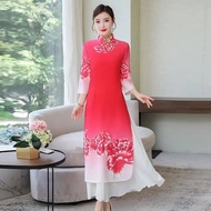Rihoas ใหม่ผู้หญิงเวียดนามวินเทจ Aodai แบบดั้งเดิมพิมพ์ลายดอกไม้ Ao Dai ชุดเดรสเวียดนามตะวันออกปรับป