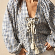 เสื้อผู้หญิงแขนยาวฟิต ลายสก๊อต ขนาดหลวม