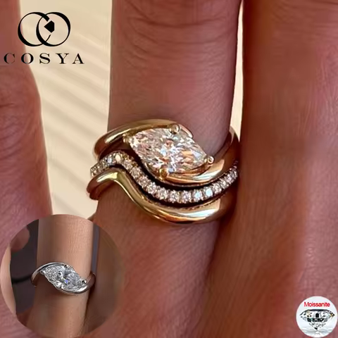 COSYA 1/2CT Marquise Cut Moissanite Ring Set For Women 100% S925 Silver 18K Gold D Color Lab Diamond