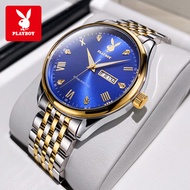 PLAYBOY นาฬิกา ผู้ชาย กัน น้ำ2025ใหม่ของ แท้ ปฏิทินคู่หน้าปัดเรืองแสงนาฬิกาผู้ชายสปอร์ต สายสแตนเลส แ