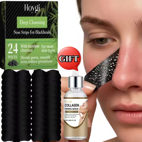 Bamboo Charcoal Nose Strips for Blackheads 72PCS + FREE 30ml Collagen Serum Deep Pore Cleanser Straw