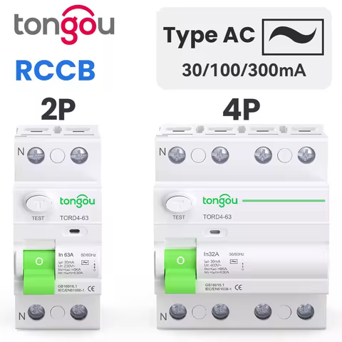 TONGOU Type AC RCCB RCD 6kA 2P 4P 16A 25A 32A 63A 10mA 30mA 100mA 300mA Earth Leakage Residual Curre