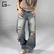 LIVE GREAT | กางเกงขายาว ชาย กางเกงยีนส์แต่งลายขาดๆวินเทจอเมริกันผู้ชาย Ins กางเกงขาทรงกระบอก ⛅9.01