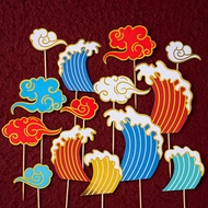 Red gold waves, Chinese style birthday cake, auspicious cloud for the elderly, birthday dessert tabl