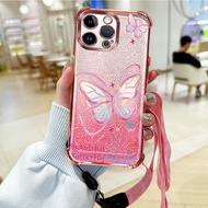 Dance Butterfly Phone Case with Rose 2-in-1 Crossbody Lanyard Wristband For i Phone 14 Pro Max For i